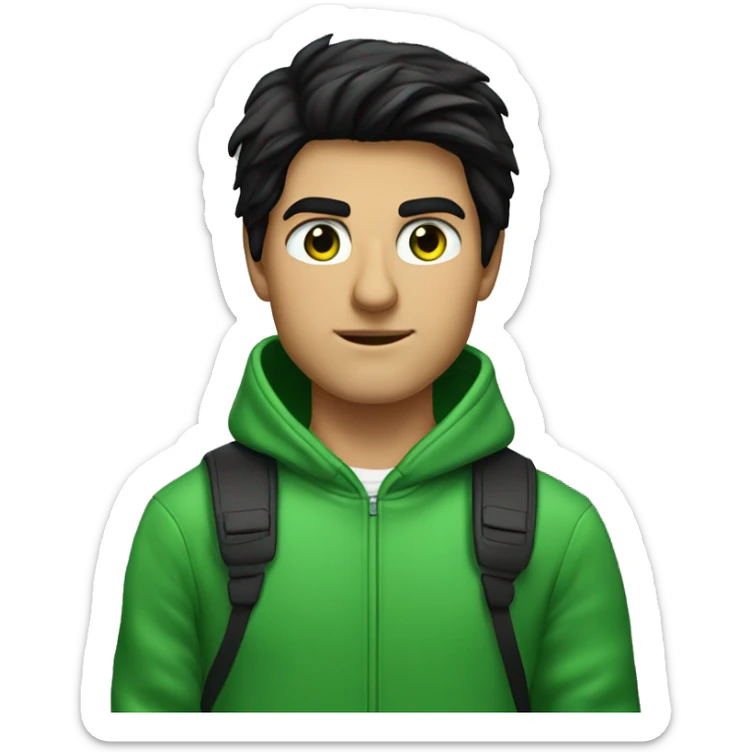 A young man with black hair, a Tom Cruise hairstyle, and green eyes. Wearing a green hoodie. Programmer sticker