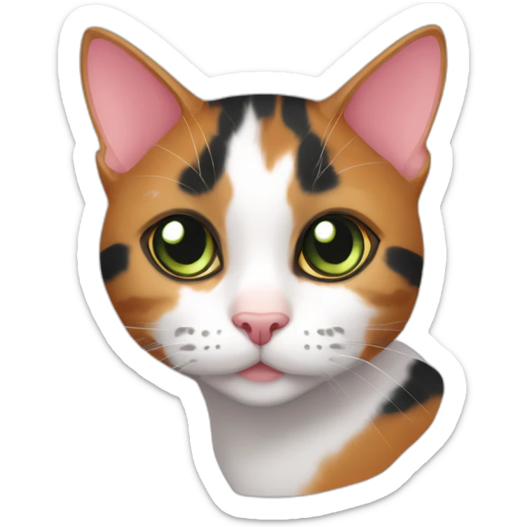 young striped calico cat face with a pink nose, white chin, green eyes, and orange/brown markings, orange tip on one ear sticker