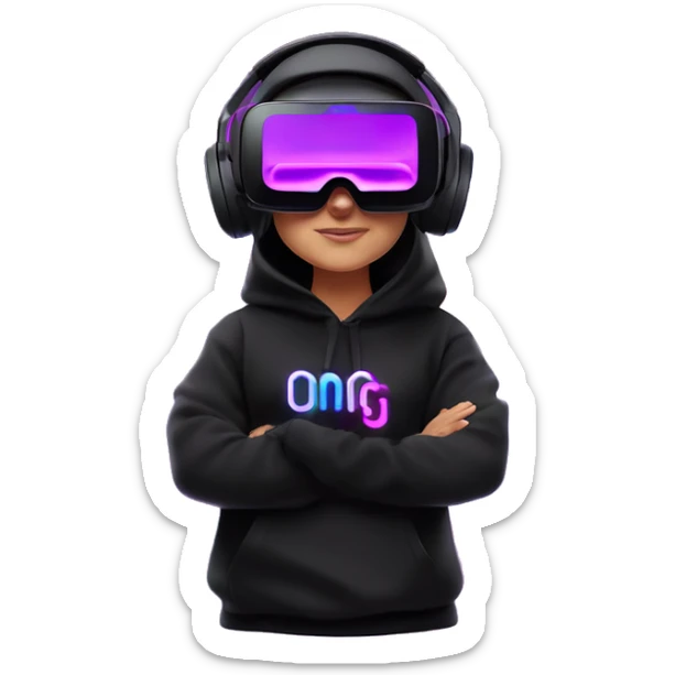Russian girl wearing black hoody with violet letters "OMG", in vr headset oculus quest2. Standing like jedi. Cyberpunk style. Violet neon. sticker