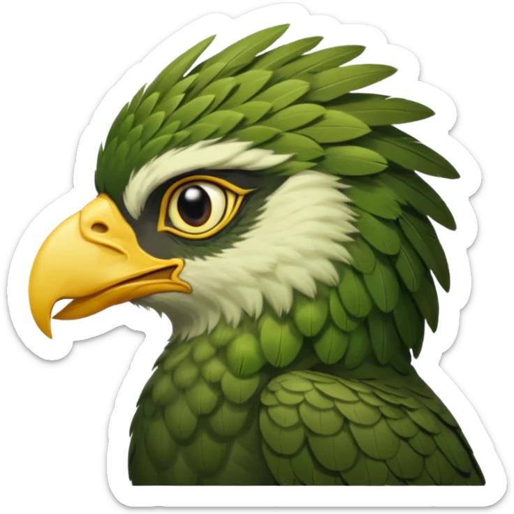 close up looking at the side profile of the face of a green hawk that is looking away from the camera sticker