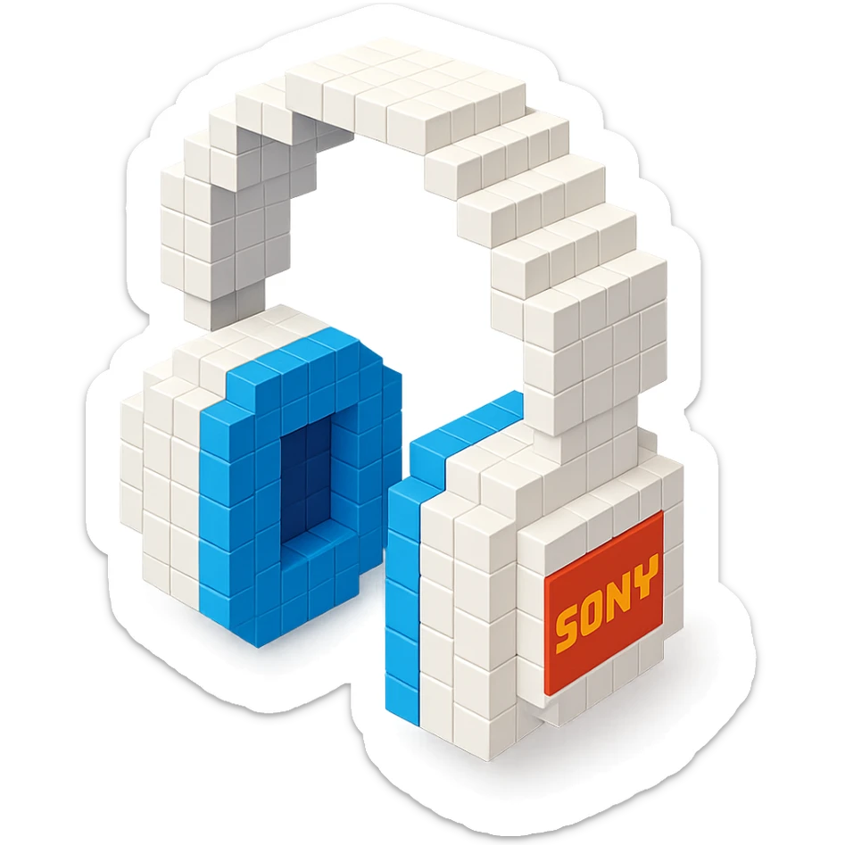 white Sony headphones with a retro vibe sticker