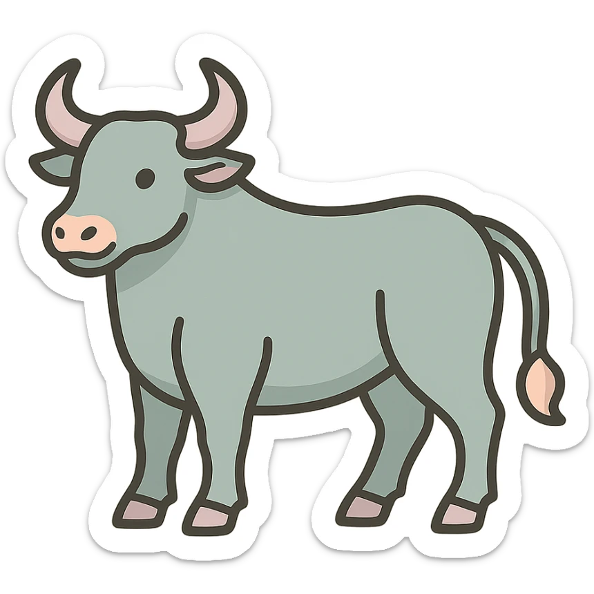 Create an icon-color-outlined style illustration of an ox as the symbol of the year according to Feng Shui, in a Chinese Eastern style. Use thin, clean contours and soft rounded shapes. Apply a pastel palette with colors #98B5BC, #B5B3C1, #C9A3C9, #E4C0CA, #F7DCD1, #F7C0AA. Include detailed shadows and highlights with soft lighting. The background should be transparent. The style should be less cute and without decorative elements. The silhouette and appearance should match the provided reference. sticker