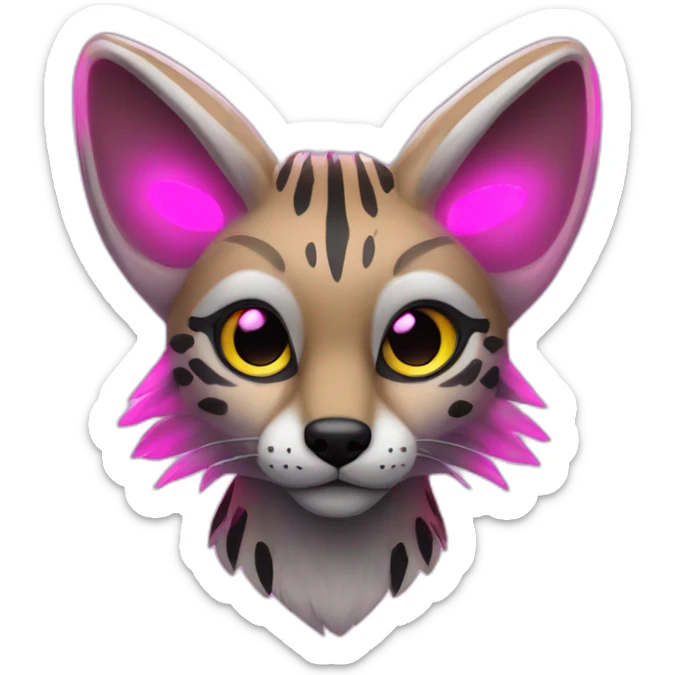 Coyote ocelot with grey and black fur and phoenix wings and pink ears, neon lights sticker