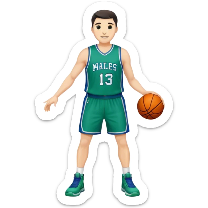 Full Body heavy white male with dark short spike hair basketball player wearing blue green uniform smiling sticker