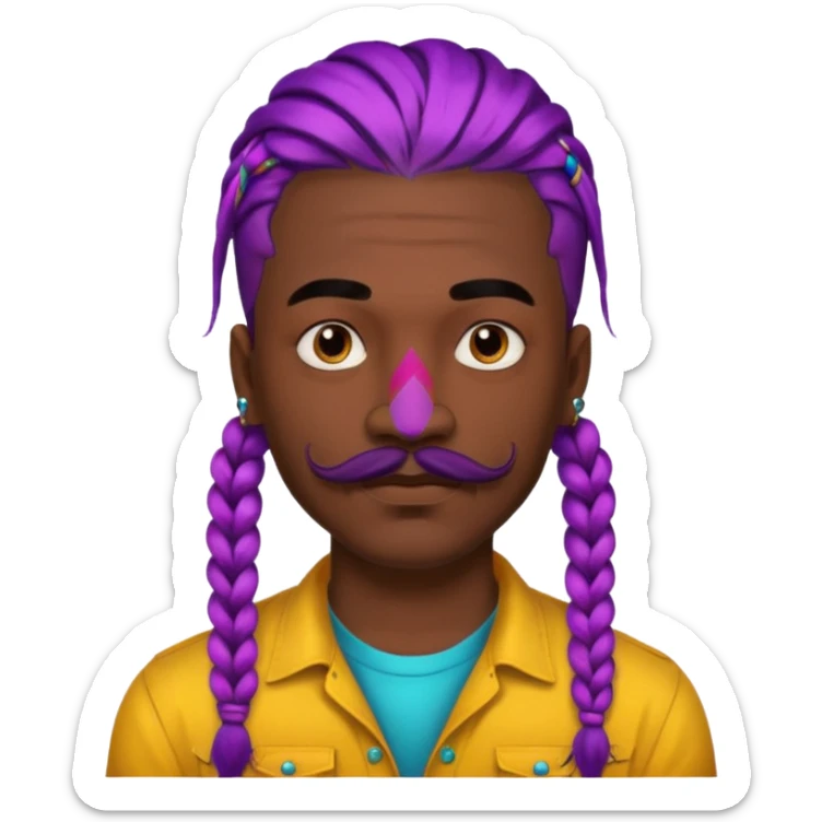 big lose braids starting from the top of the head man with mustache face wiith big visible loose only two braids and lots and lots of colored face tattoos colored tattoos like a tattoo artist hair unique color sticker