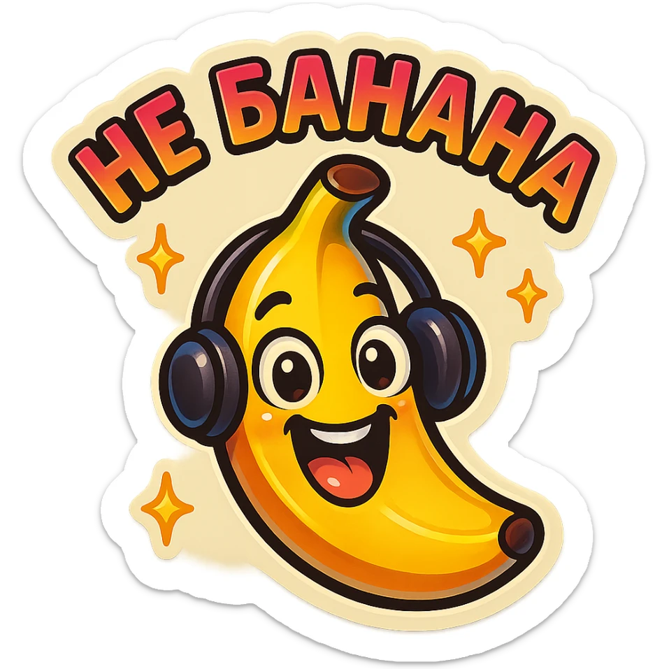 Funny cartoon banana, big happy smiling face, wearing tiny headphones, wide excited eyes, tiny sparkles around, text above: "НЕ БАНАНА ", chibi style, Twitch emoji style, colorful, transparent background sticker