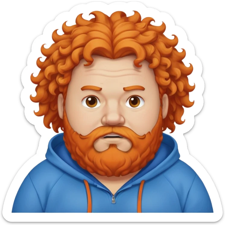 A fat guy who is wearing a blue hoodie and orange curly beard and hair mad sticker