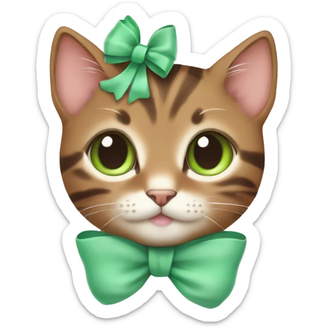 kawaii brown tabby kitten with green eyes and pastel green bow on top of head sticker