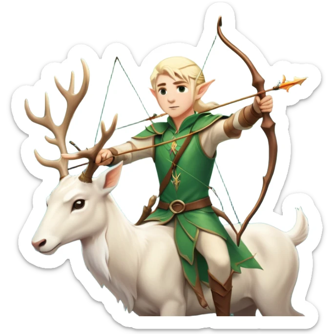 clash-of-clans-aesthetic-blond-male elf-archer-portrait-emoji, rendered in a flat, vector-style with minimal shading and bold holding his bow, simplified shapes, head tilted slightly forward with a determined, focused expression, riding a majestic white stag whose antlers glow with mystical energy, set against an ancient, enchanted forest backdrop. sticker