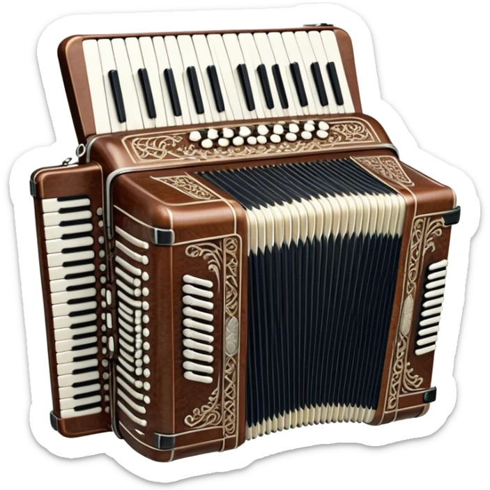 Cinematic Realistic image of a classic accordion, rendered with finely detailed textures and intricate keywork, set against a backdrop of soft, ambient lighting that highlights its vintage charm sticker
