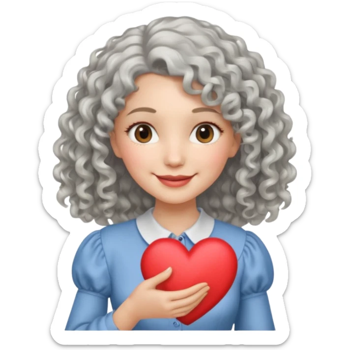 silvery curly/wavy shoulder-length hair smiling lady holding a heart thinner hair, different top sticker