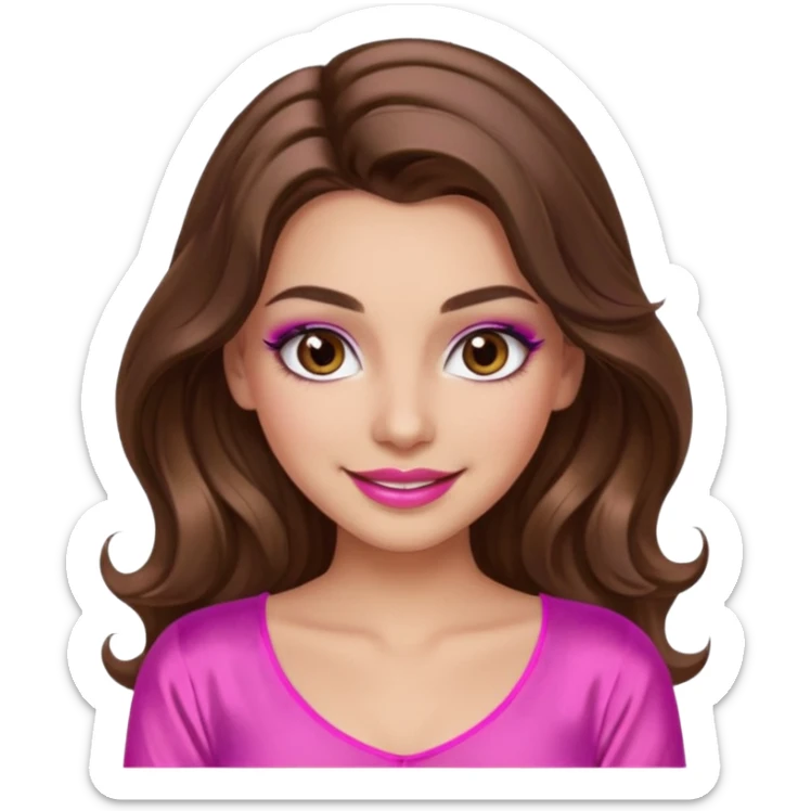 girl with long wavy brown hair, brown eyes, long lashes makeup, sexy pink lips, light to medium complexion, wearing a pink sexy silk top, smiling sticker