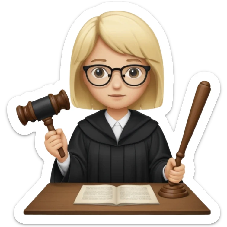 Young judge, blonde hair with glasses and robe, hold a paper and gavel sticker