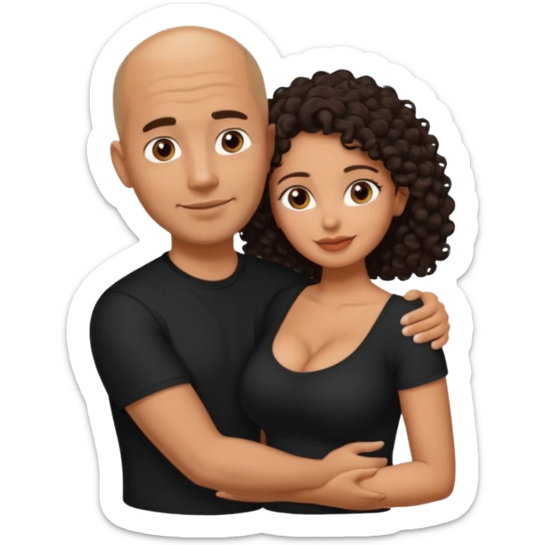 A picture of an embracing tanned couple. the man is a Mexican man with tanned skin, with a bald hair cut, short beard and wearing a black shirt. the woman is short with long curly dark brown hair and with big boobs  sticker