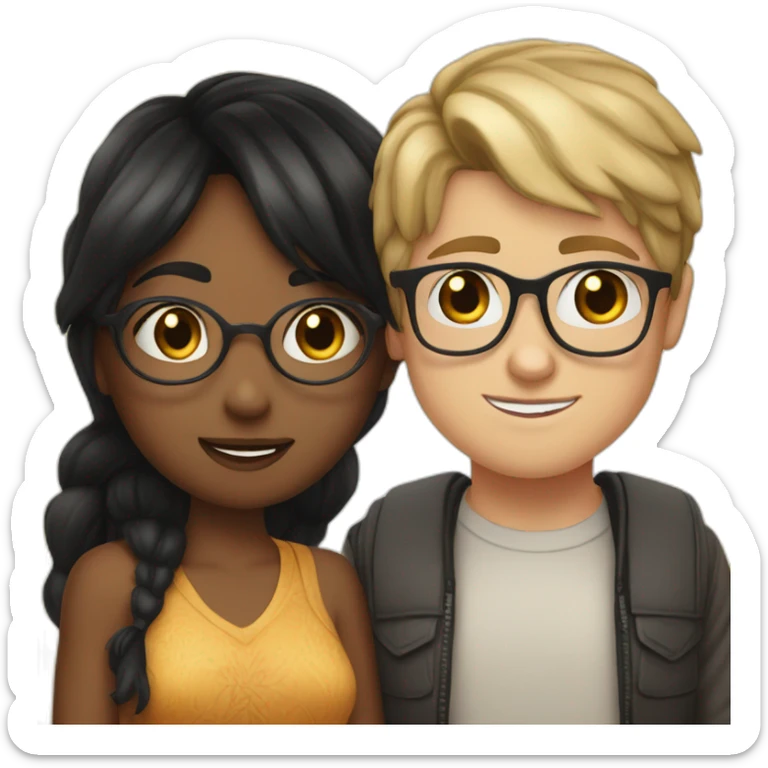 White girl without glasses and with dark hair and indian boy with black hair and glasses kiss cheek sticker