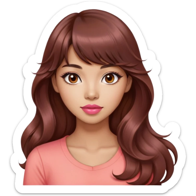 gorgeous woman, light tan skin, dark brown eyes, very long wavy auburn hair, bangs, pink top, coral lipstick, cool, model, mixed asian and latina sticker