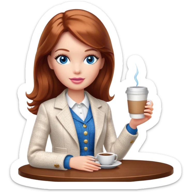 A Barbie girl with blue eyes, shoulder-length reddish-brown hair, made-up, wearing a white tweed jacket and a white skirt, with a glass of coffee in her hands sticker