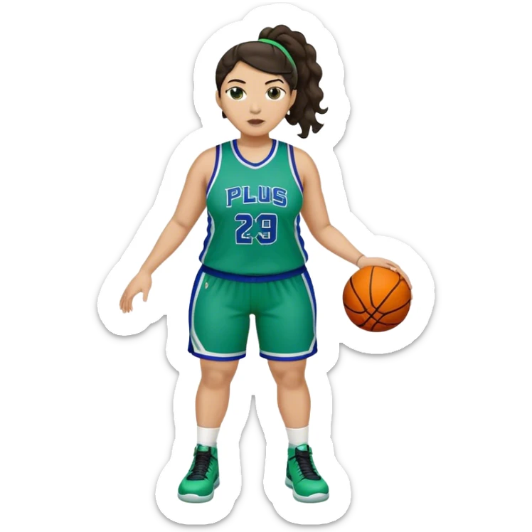 full body plus size light skin latino women basketball player with wavy dark hair in pony tail wide nose wearing blue with green uniform sticker