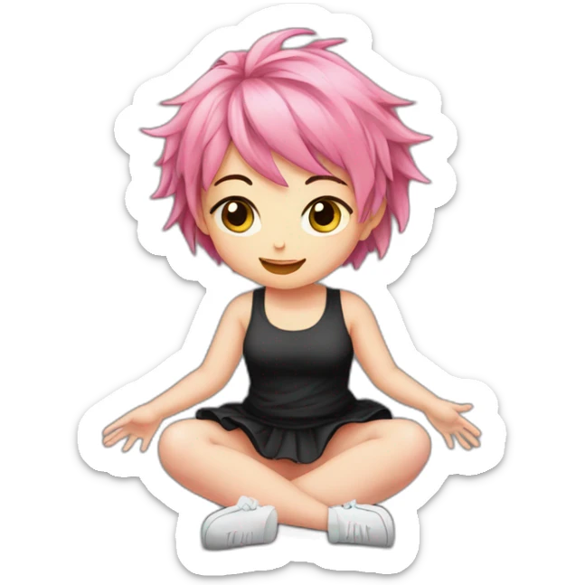 Full body Front view curvy emo girl pink hair sits on the floor straight view hands up black skirt полосатые рваные чулки sticker