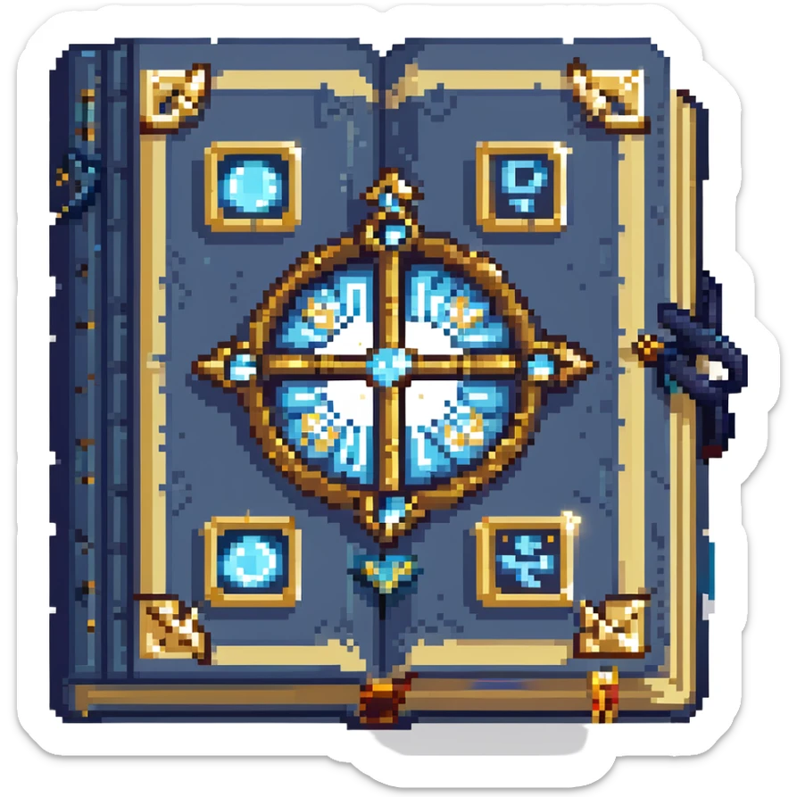 pixel art style enchantment book, open, sparkling runes, blue and gold accents sticker