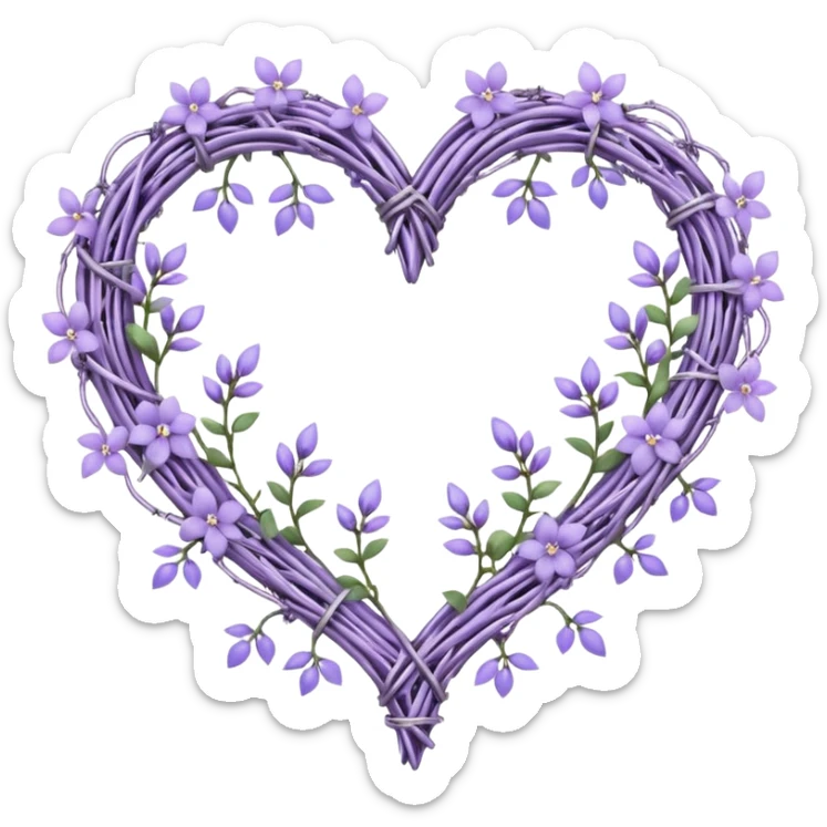 heart shape made out of barb wire vines with pastel lavenders and lilacs adorning the border with crystals hanging  sticker