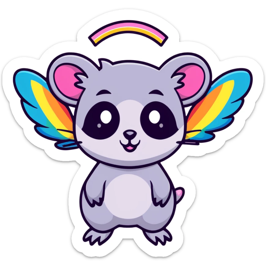 colorful possum with rainbow wings, sparkly halo, lots of glitter sticker