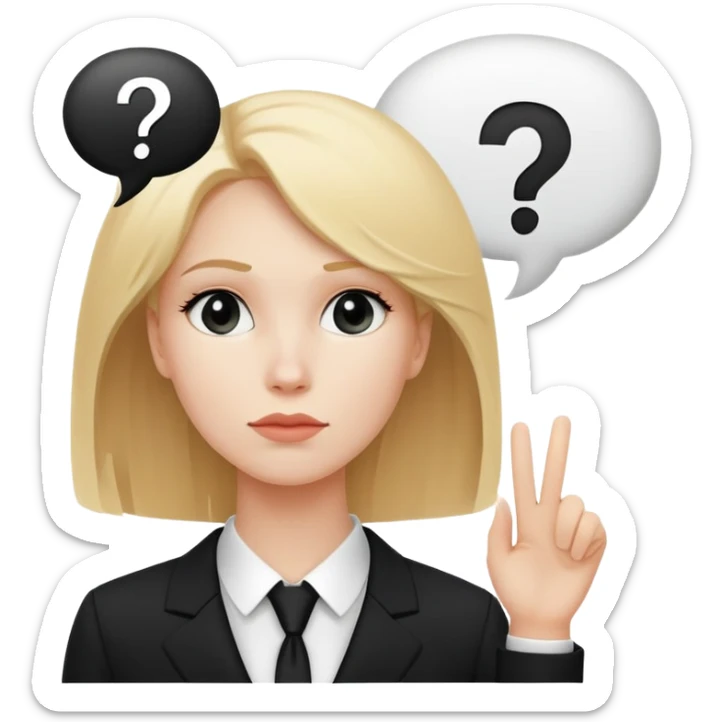 blonde haired white woman in a black formal suit with a white speech bubble containing a black question mark next to her head sticker