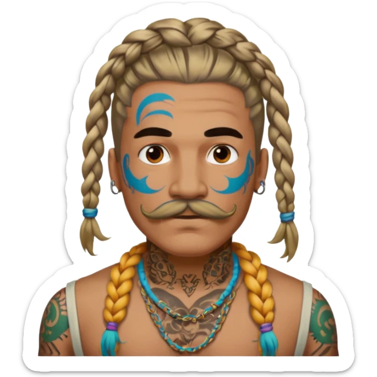 big lose braids starting from the top sides of the head man with mustache face wiith big visible loose only two braids and lots and lots of colored face tattoos colored tattoos like a tattoo artist hair unique color sticker