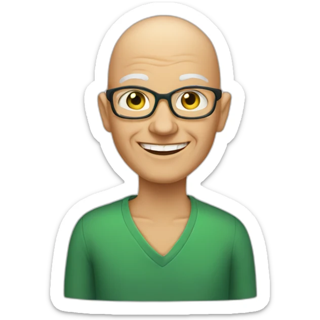 50 year teacher with smiling face and no hair, intelligent strong green eyes, sticker