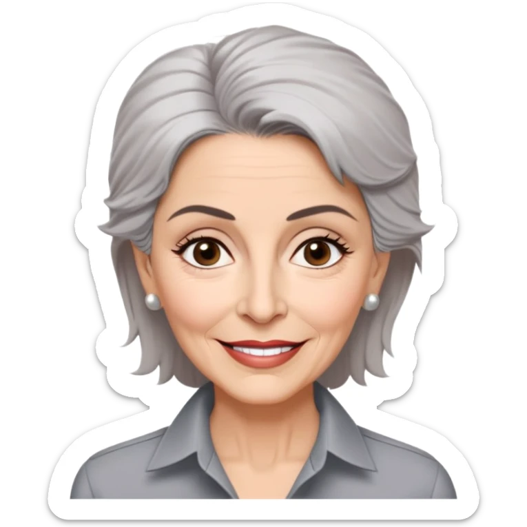 Older Puerto Rican actress Marian Pabón with elongated face, light pinkish skin, almond-shaped expressive eyes, straight nose, well-defined lips with wide smile, arched eyebrows, pronounced cheekbones, short spiky gray hair like a man's cut, more wrinkles, wearing a white buttoned shirt sticker