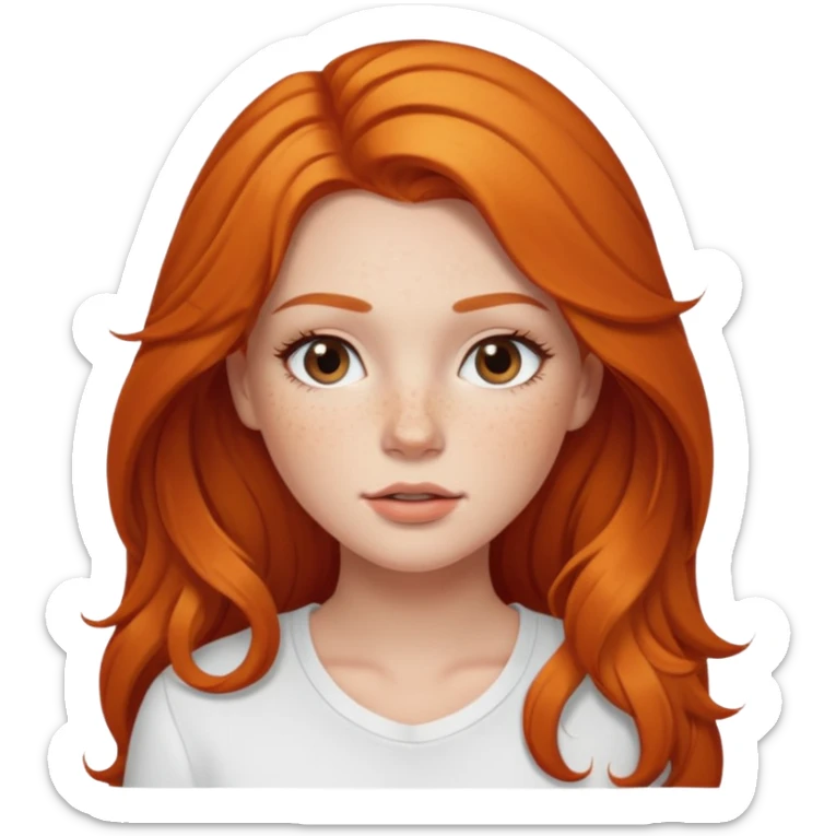 A white girl with freckles long lashes plump lips and ginger long hair pretty and she’s wearing a white shirt sticker