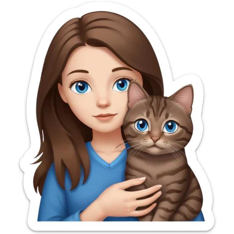 White girl with blue eyes and long brown hair, holding a small dark gray tabby cat sticker