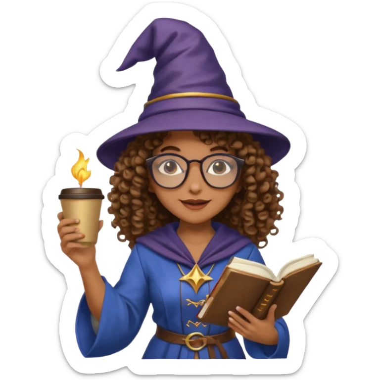 A Joyful Adult Female with Brown skin and Curly hair, wearing a Traditional outfit, a Wizard hat, Sunglasses, carrying a Spellbook, working as a farmer, while drinking Coffee and reading a Textbook. sticker
