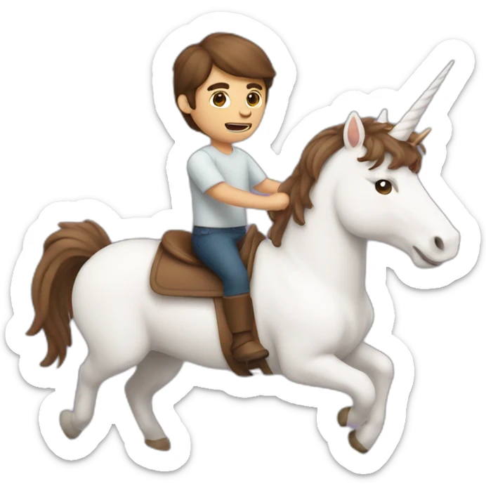 A brown hair guy riding a unicorn that has paper in its mouth sticker
