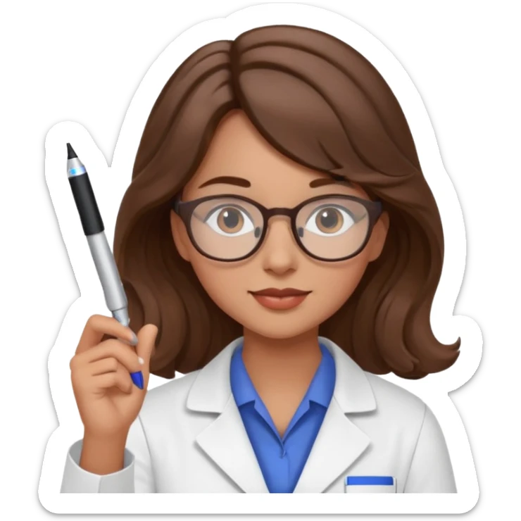 young women pharmacist studying science, wavy hair, with a pen and glasses sticker