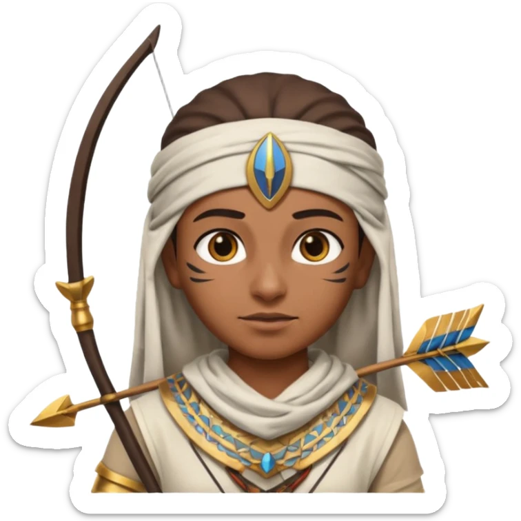 Emoji portrait of an Egyptian archer. Headcloth and arrow, focused expression. sticker