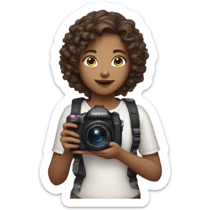 Girl with medium skin tone and brown curly hair holding a digital camera and blushing sticker
