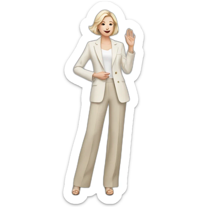 Full height Actively gesturing with hands pale skin woman with ash blonde Straightened bob Hair, White Spacious classical jacket, beige palazzo Arrow pants and gray blouse sticker
