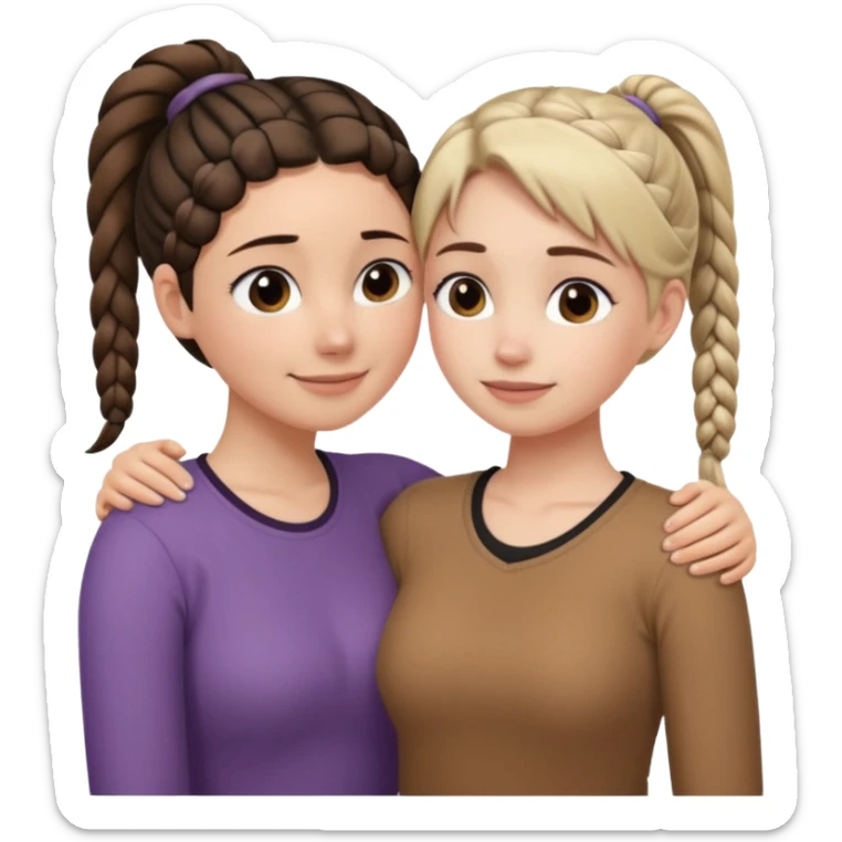 Comforting Hug two white skin women, one shorter woman with brown simple top ponytail, not braided, and one taller sad woman with a single long black side braid sticker