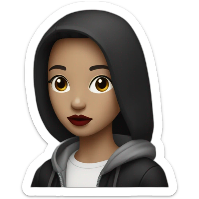 Tiny White girl lightly tanned with short hair black eyes and black hair wearing black messa hoodie like alyx Vance and red lipstick sticker