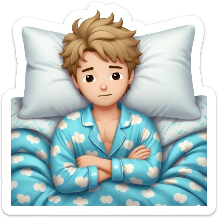 Adorable sleepy boyfriend with messy bed hair, pajama shirt slightly open, cuddling a pillow, cozy blanket, soft lighting sticker