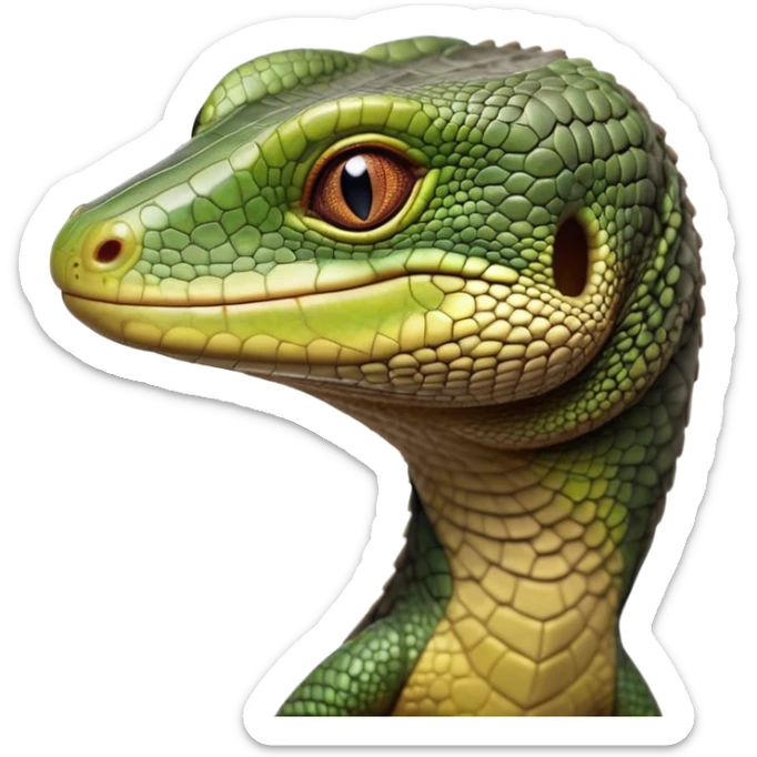 Cinematic Realistic Cute Monitor Lizard Portrait Emoji, Head tilted playfully and inquisitively, featuring a compact, agile body with finely detailed, glossy scales in earthy olive hues and a distinct, alert face with bright, curious eyes, rendered with lifelike natural highlights, high shine, affectionate and spirited, styled with a touch of rugged whimsy, soft glowing outline, capturing the essence of a mischievous yet lovable monitor lizard that seems poised to scurry playfully into your arms! sticker