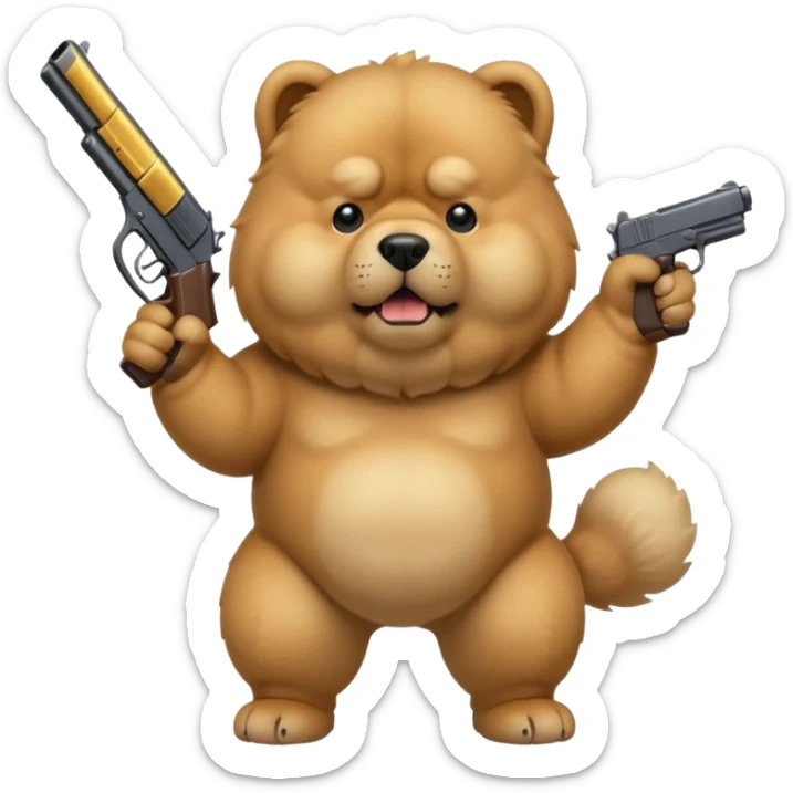 Funny cartoon-style chow chow dog with light fur standing on its hind legs and holding a gun menacingly sticker