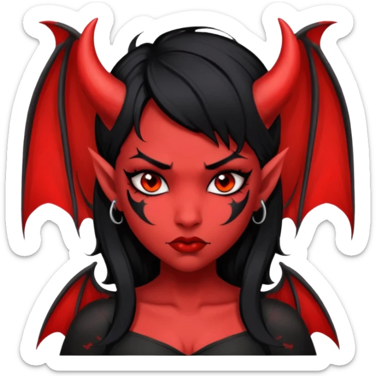 Demon girl: red skin, black hair, small horns, bat wing; tattoo-flash comic style; red/black palette; bold outlines; dark background; no text. sticker