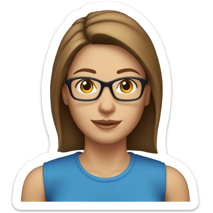 A head and shoulders shot of a 40 year old Caucasian woman, with straight brown hair,  wearing glasses with blue eyes wearing a t-shirt. sticker