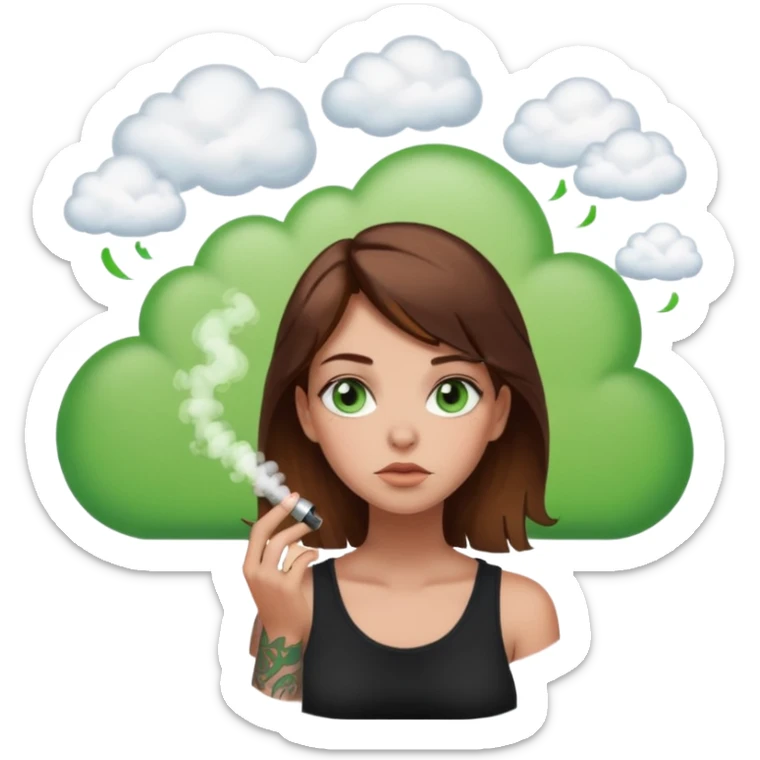 girl with brown hair and green eyes and tattoos thinking about a vape in a thought cloud sticker