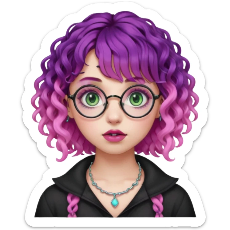 . Gothic girl with pink to violet ombré ringlet curly hair, bangs round glasses, septum piercing, nostril piercing, almond eyes, blueish green eyes,heavy eyeliner,  sticker