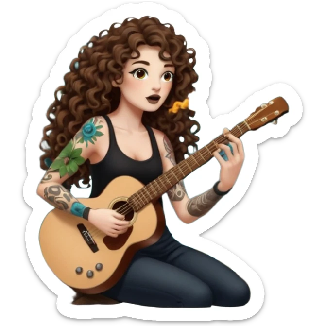 woman with long curly brown hair, brown eyes, white skin, tattoos, blowing glowing forest spores like stage smoke after a guitar solo sticker