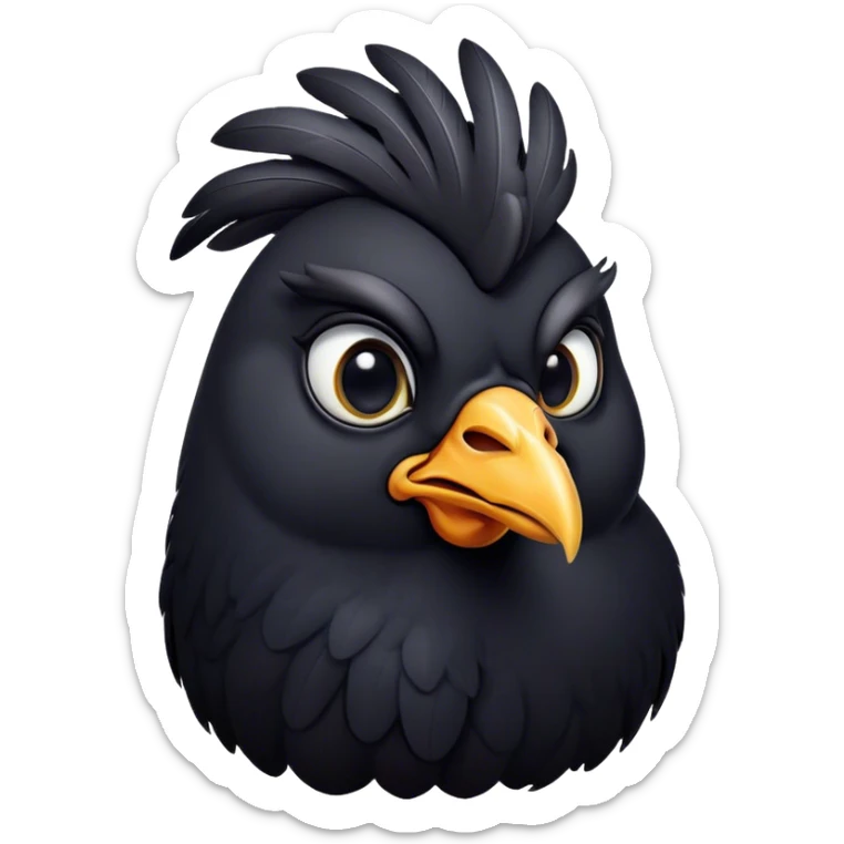 Cinematic Noble Black Chicken Portrait Emoji, Poised and regal, with a compact, sturdy build and a glossy, well-groomed pure black plumage, deep-set soulful beady eyes, Simplified yet sharp and sophisticated features, highly detailed, glowing with a soft, dignified glow, high shine, intelligent and alert, stylized with an air of mysterious elegance, focused and attentive, soft glowing outline, capturing the essence of a watchful and confident fowl, so majestic it feels as though it could strut out of the screen with effortless authority! sticker