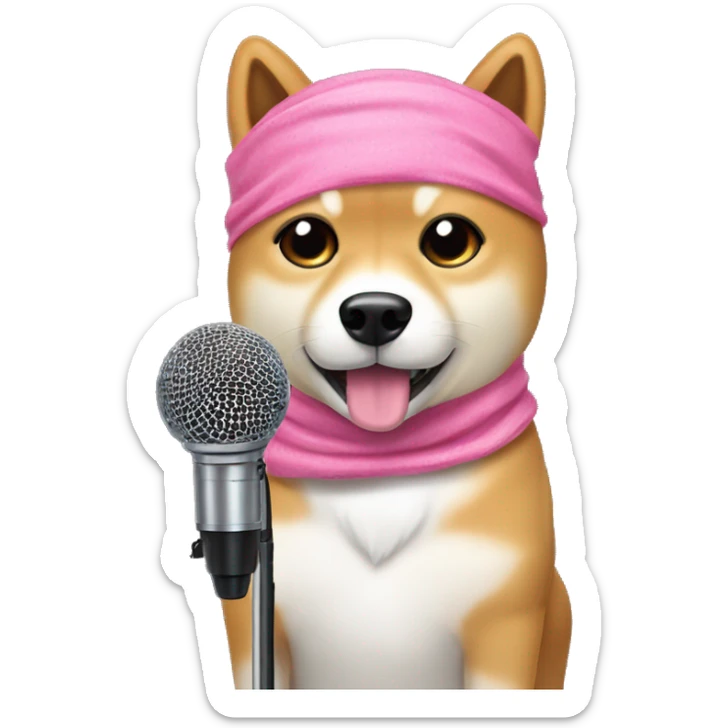 I want a potcat microphone but it has the ears of a shiba dog with a pink bandana in the area of ​​the microphone stand sticker